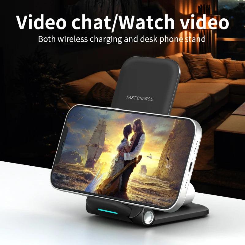 GTIMLMC 3 in 1 Wireless Charger Foldable 3in1 Phone Stand 15W Fast Charging Station for iPhone 15 Samsung Galaxy S24 Xiaomi 14 - Lojastokshopp
